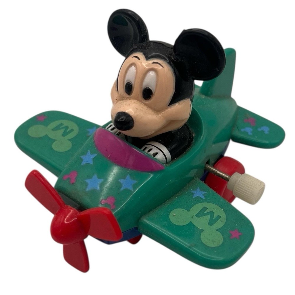 Disney Vintage Mickey Mouse Airplane Pilot With Knob Wind-Up Toy works Green